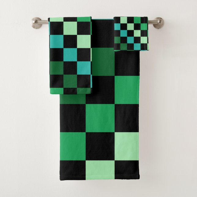 Green Blue Chequered Gingham Pattern Bath Towel Set (Insitu)