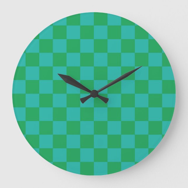 Green Blue Chequered Gingham Pattern Large Clock (Front)