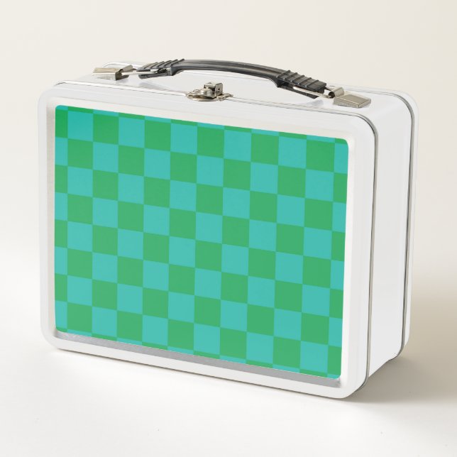 Green Blue Chequered Gingham Pattern Metal Lunch Box (Front)