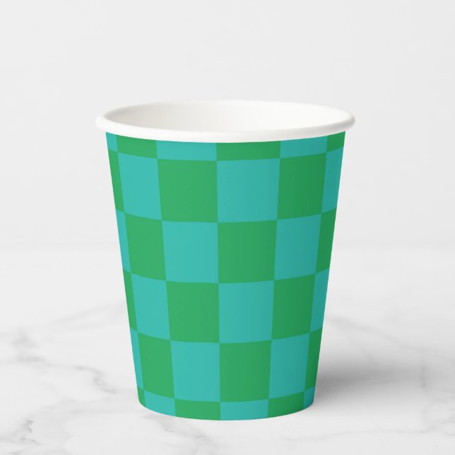 Green Blue Chequered Gingham Pattern Paper Cups (Front)