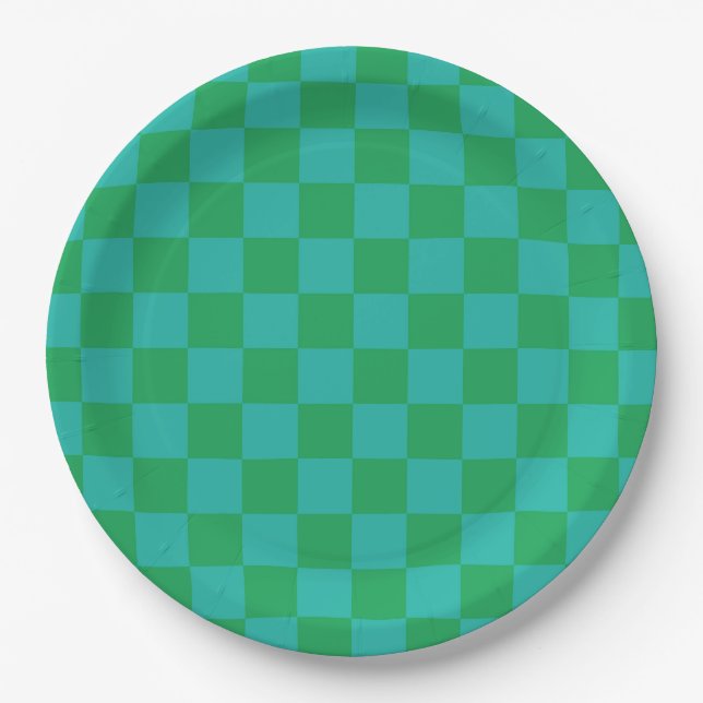 Green Blue Chequered Gingham Pattern Paper Plate (Front)