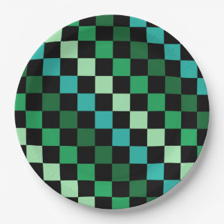Green Blue Chequered Gingham Pattern Paper Plate