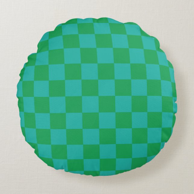 Green Blue Chequered Gingham Pattern Round Cushion (Front)