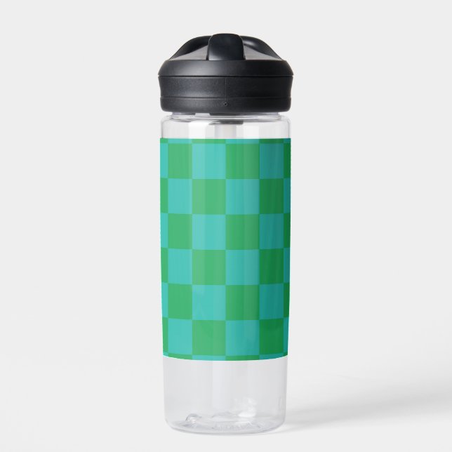 Green Blue Chequered Gingham Pattern Water Bottle (Front)