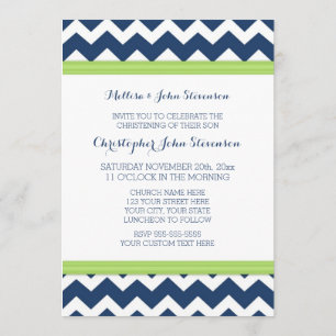 Green Blue Chevron Christening Invitation