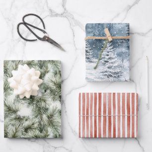 Green & Blue Christmas Trees Red Stripes Wrapping Paper Sheet