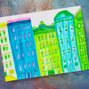 Green Blue Cityscape Apartments New York Street Postcard