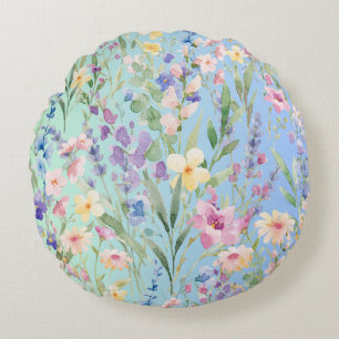 Green Blue Colourful Flowers Round Cushion