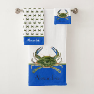 Green Blue Crab Grey Nautical Coastal  Bath Towel 