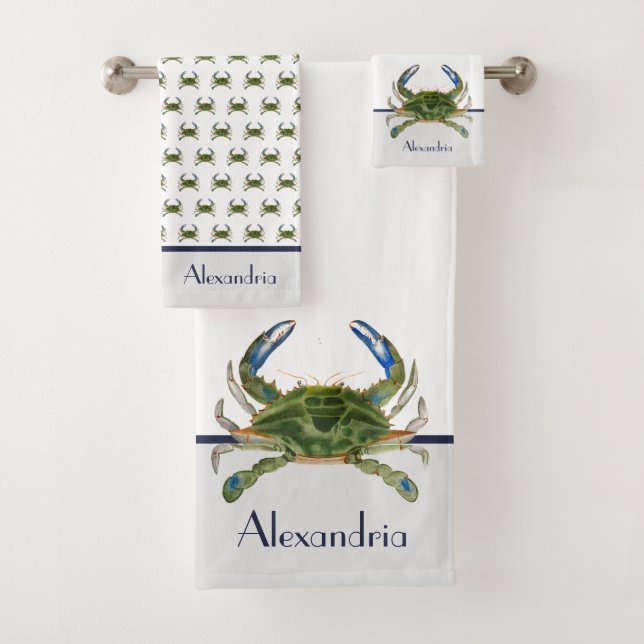 Green Blue Crab Grey Nautical Coastal  Bath Towel Set (Insitu)
