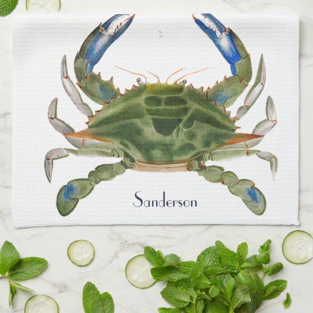Green Blue Crab  Nautical Coastal  Tea Towel (Folded)