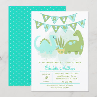 Green Blue Cute Dinosaur Mum and Baby Shower Invitation