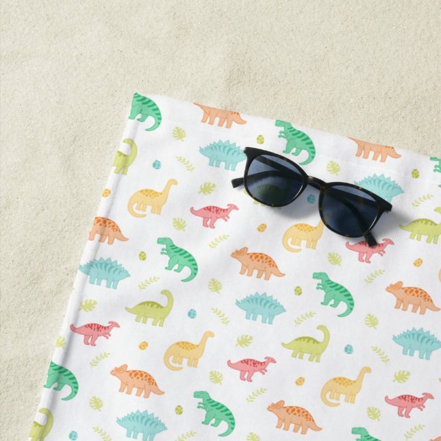 Green Blue Dinosaur Pattern Custom Name Beach Towel (In Situ)