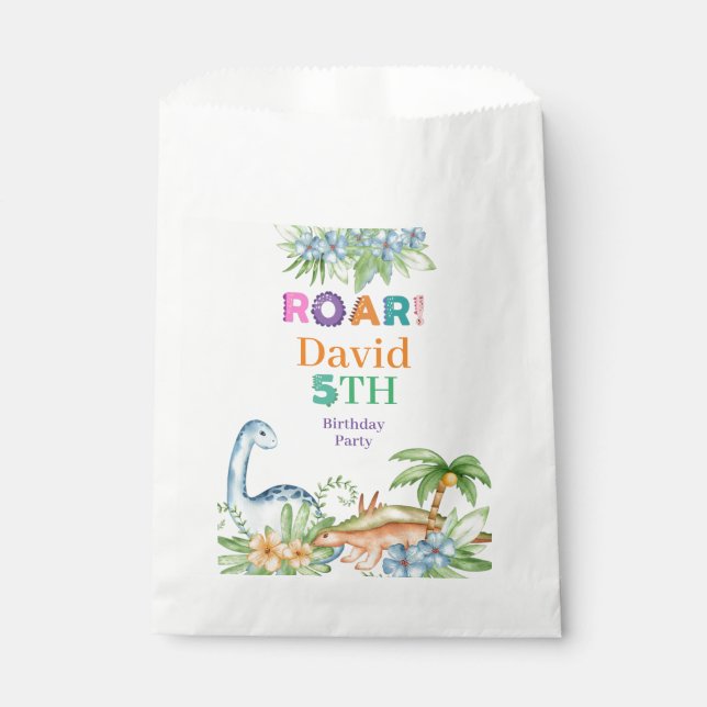 Green Blue Floral Dinosaur Birthday party  Favour Bags (Front)