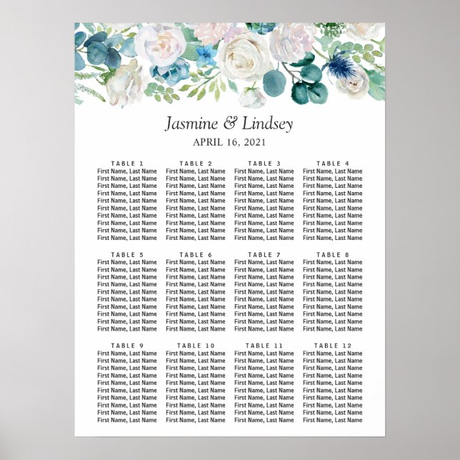 Green Blue Floral Wedding Seating Chart (Front)