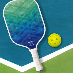 Green Blue Geometric Gradient Custom Monogram Text Pickleball Paddle