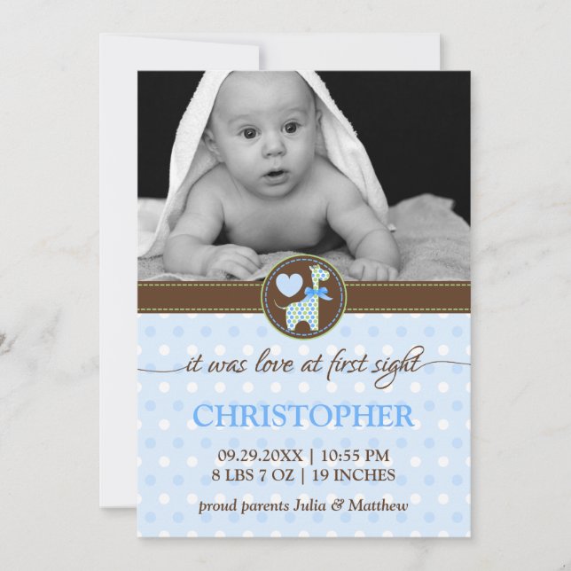 Green Blue Giraffe Baby Photo Birth Announcement (Front)