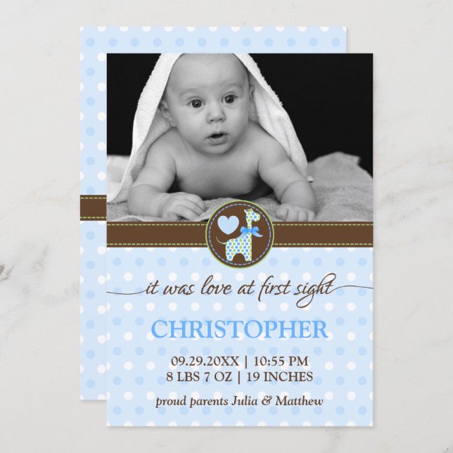 Green Blue Giraffe Baby Photo Birth Announcement (Front/Back)