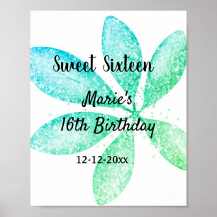 green blue glitter leaves 16 th birthday add name poster