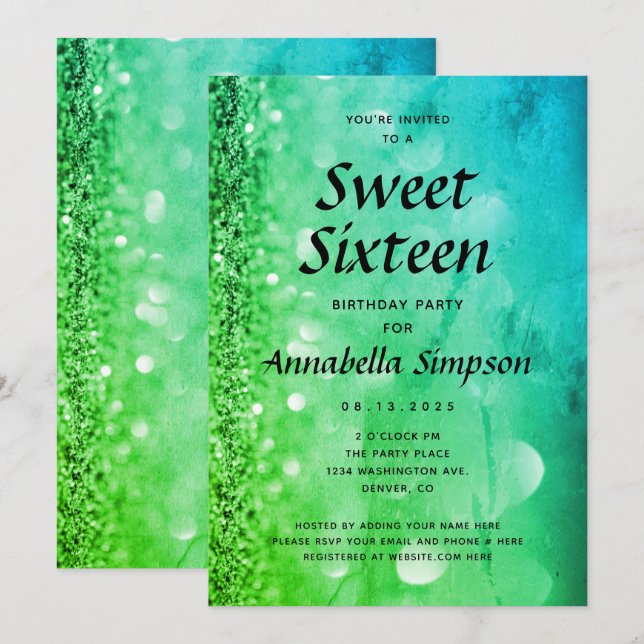 Green Blue Glitter Sweet Sixteen 16th Birthday Invitation (Front/Back)