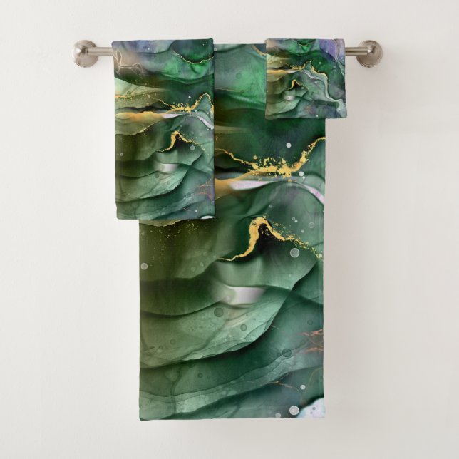 Green blue gold ink abstract bath towel set (Insitu)