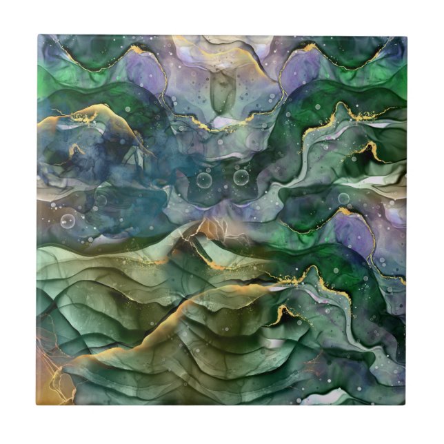 Green blue gold ink abstract tile (Front)