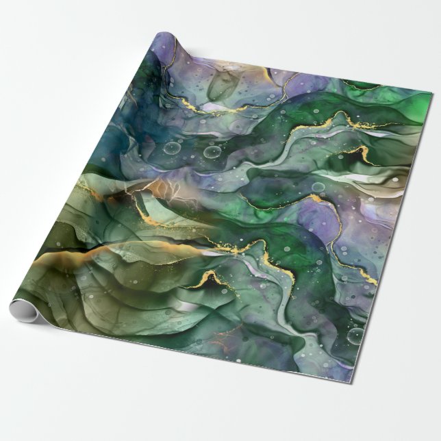 Green blue gold ink abstract wrapping paper (Unrolled)