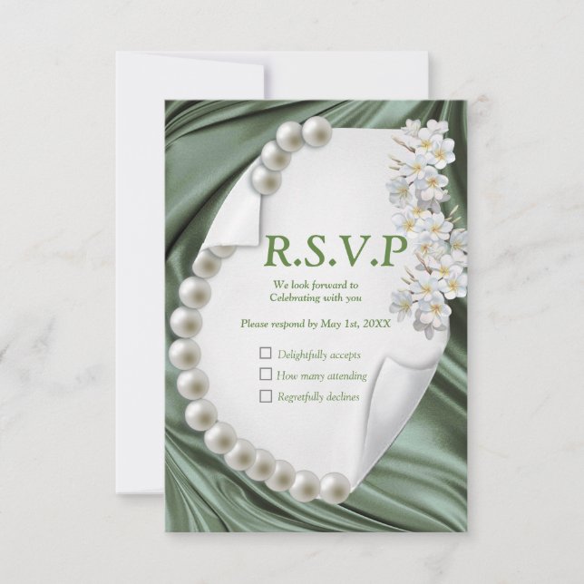 Green,Blue,Gold Ivory Silk & Pearls RSVP Card (Front)