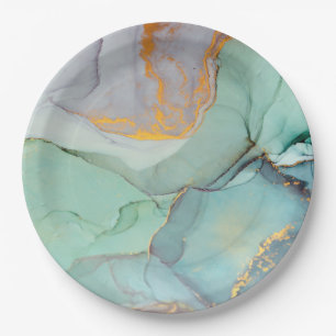 Green Blue Gold Marble Pretty Paper Plate