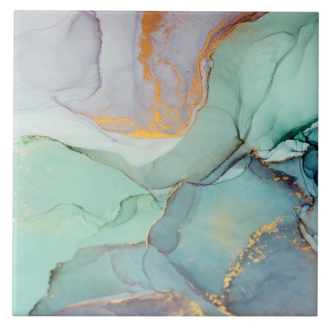 Green Blue Gold Marble Pretty Tile (Front)