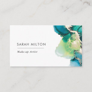 Green blue gold watercolor ink business card