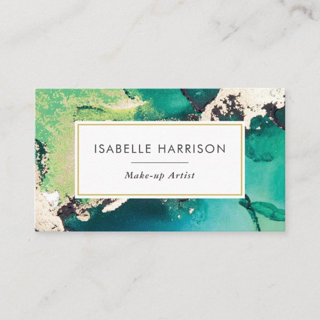 Green blue gold watercolor ink business card (Front)