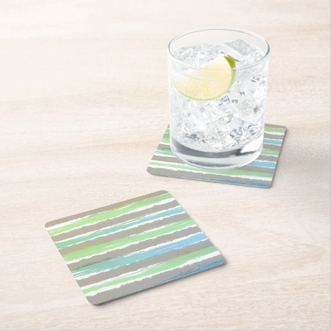 Green Blue Grey Watercolor Stripes  Square Paper Coaster (Insitu)