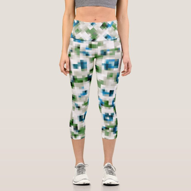 Green Blue Grey White Abstract Pattern   Capri Leggings (Front)