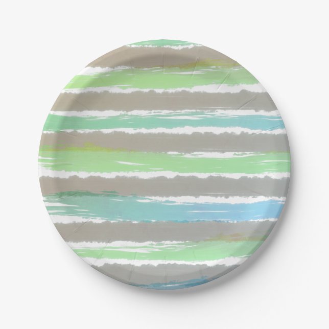 Green Blue Grey White Watercolor Stripes Paper Plate (Front)