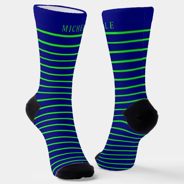  Green Blue Horizontal Lines Striped Custom Name  Socks (Angled)