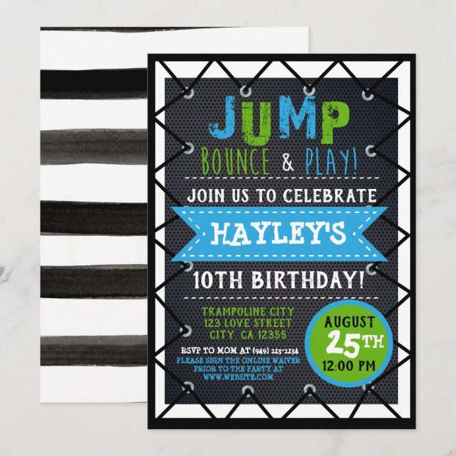 Green & Blue Jump & Play Trampoline Park Bounce Invitation (Front/Back)