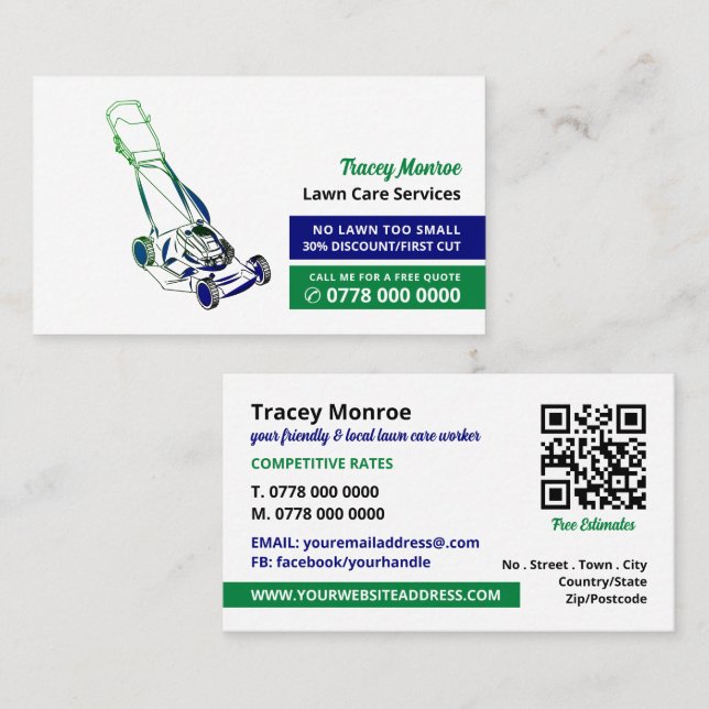 Green & Blue Lawn-Mower, Lawn Care Services Business Card (Front/Back)