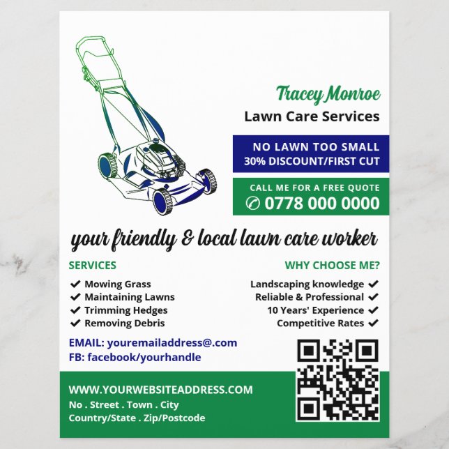 Green & Blue Lawn-Mower, Lawn Care Services Flyer (Front)