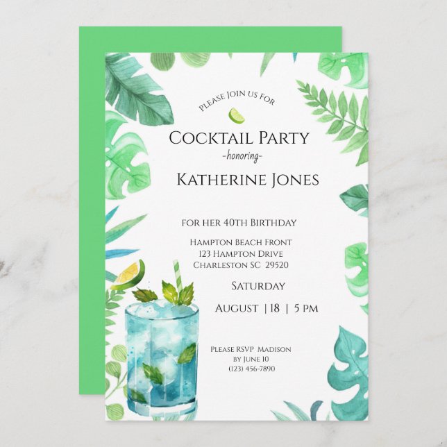 Green Blue Leaves 40th Birthday Cocktail Party   Invitation (Front/Back)