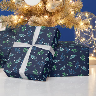 Green & Blue Leaves Holiday Pattern Wrapping Paper