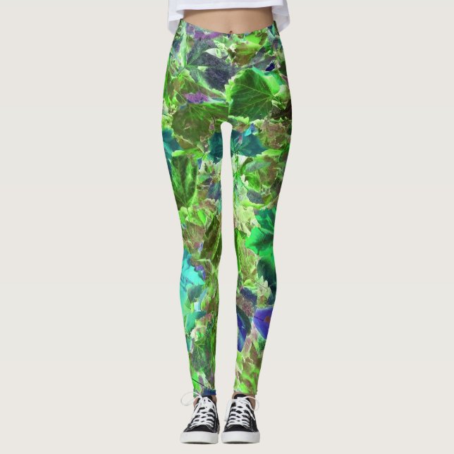 Green Blue Leaves Nature Leggings (Front)