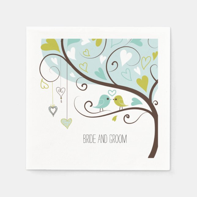 Green Blue Love Birds Wedding Napkin (Front)
