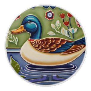 Green & Blue Mallard Duck European Folk Animal Art Ceramic Knob