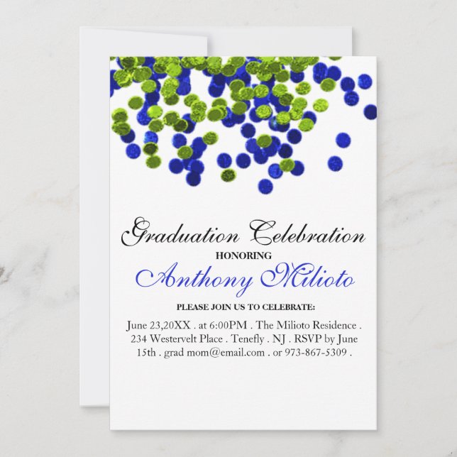 Green & Blue Metallic Confetti Graduation Invite (Front)