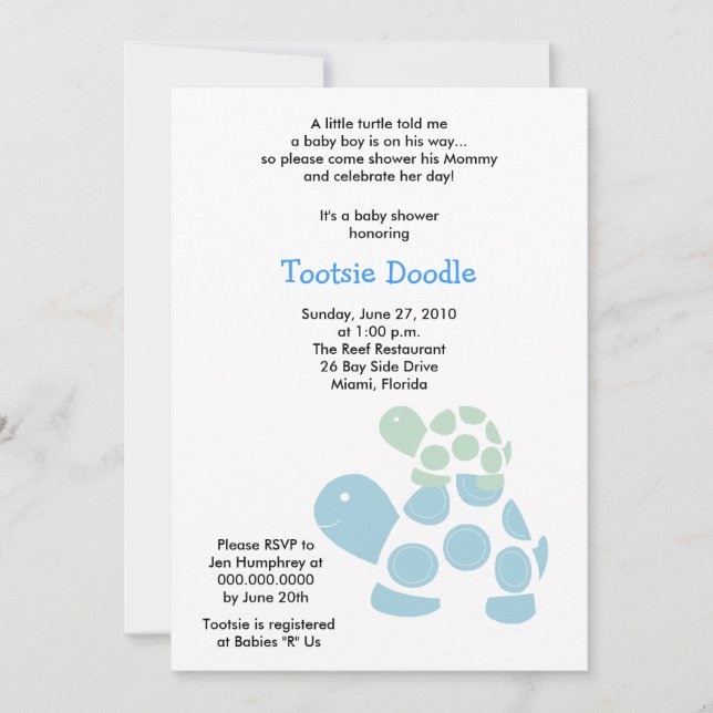 Green & Blue Mod Turtle 5x7 Baby Shower Invitation (Front)