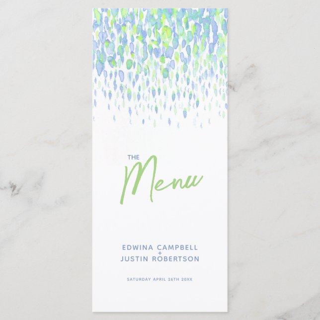 Green blue modern art dab wedding menu (Front)
