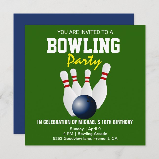 Green Blue Modern Bowling Party Birthday Invite (Front/Back)