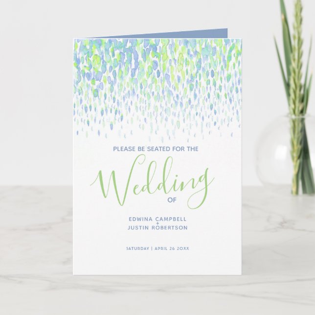 Green blue modern cascading art wedding programs programme (Front)