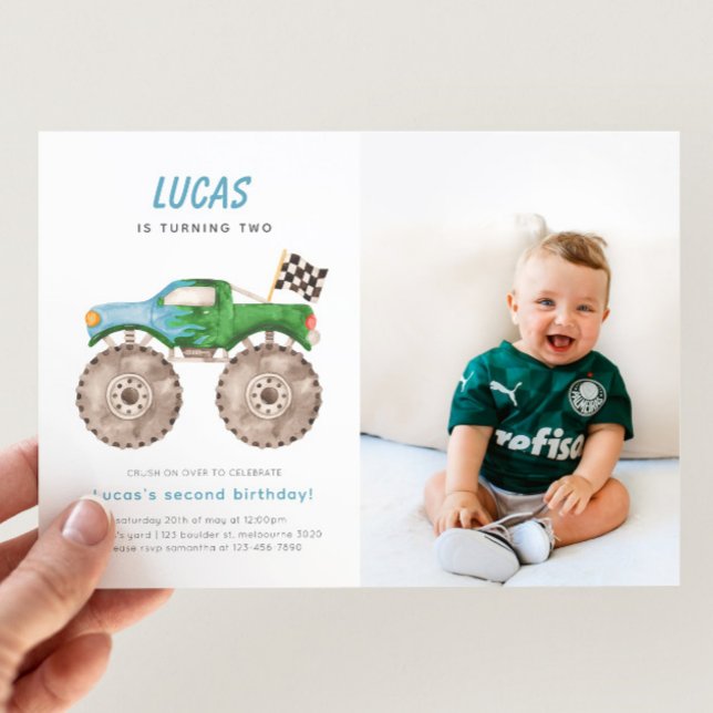 Green Blue Monster Truck Birthday Photo Invitation (Creator Uploaded)